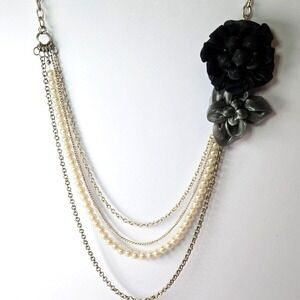 NY Brand Silvertone and Faux Pearl 4-Strand Necklace Black and Gray Rose Accents